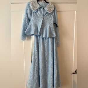 Light Blue Lace Long-Sleeve Dress with Peplum Jacket